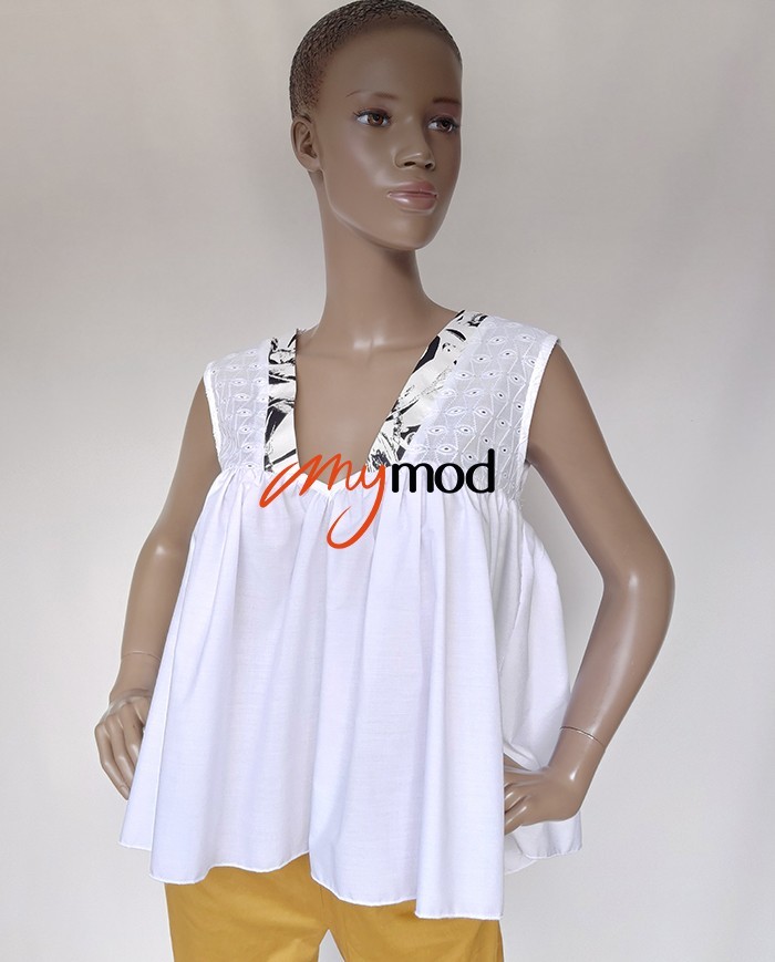 Top évasé col V blanc dentelle et noir | MYMOD