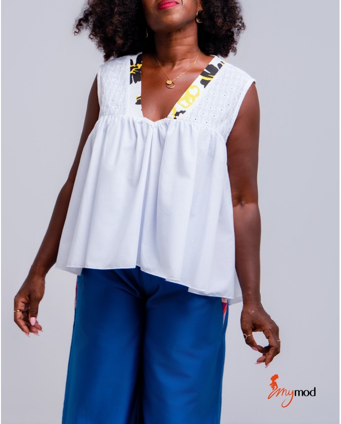 Top évasé col V blanc broderie anglaise | MYMOD