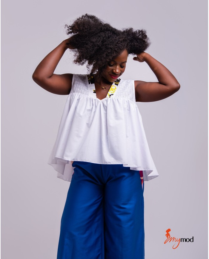 Top évasé col V blanc broderie anglaise | MYMOD