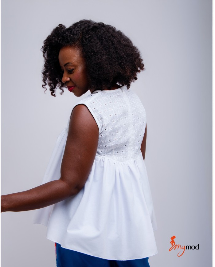 Top évasé col V blanc broderie anglaise | MYMOD