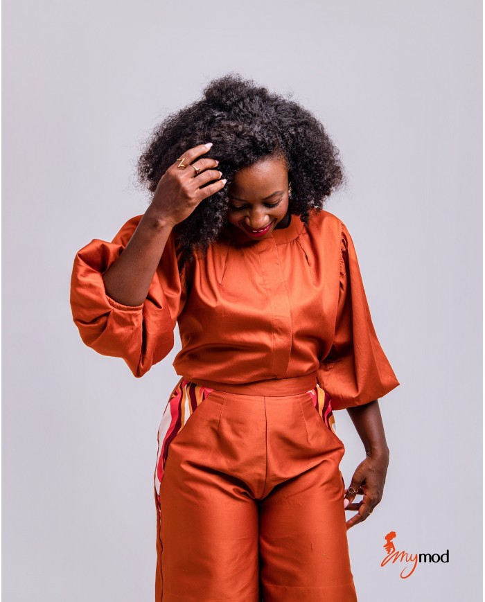 Brown Satin Buttoned Blouse | MYMOD