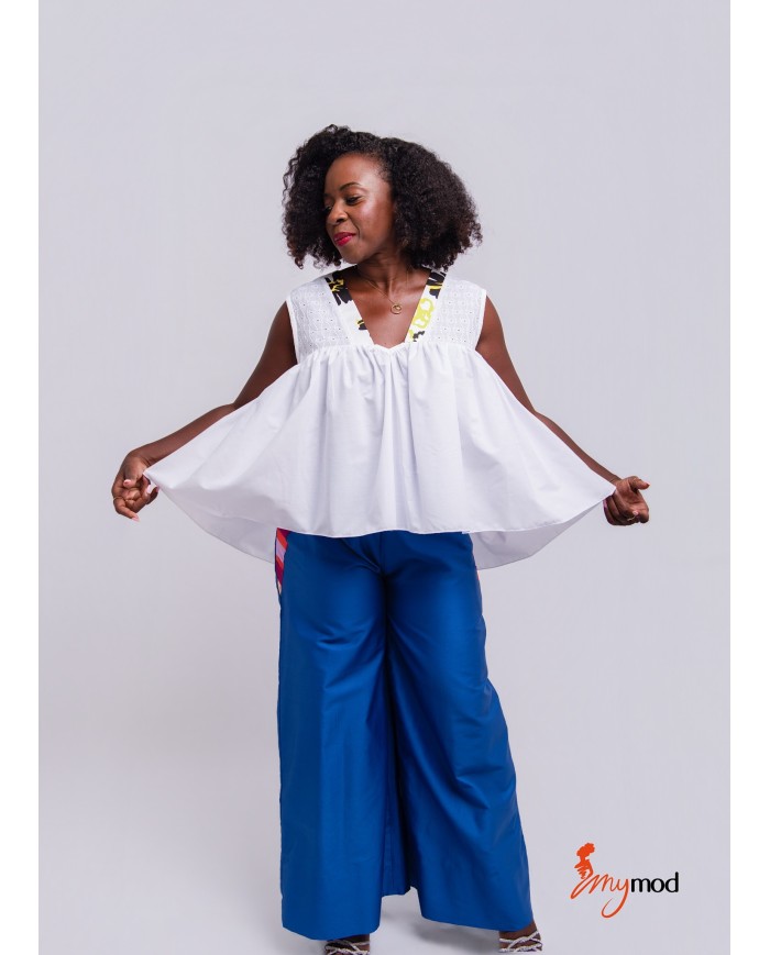Top évasé col V blanc broderie anglaise | MYMOD